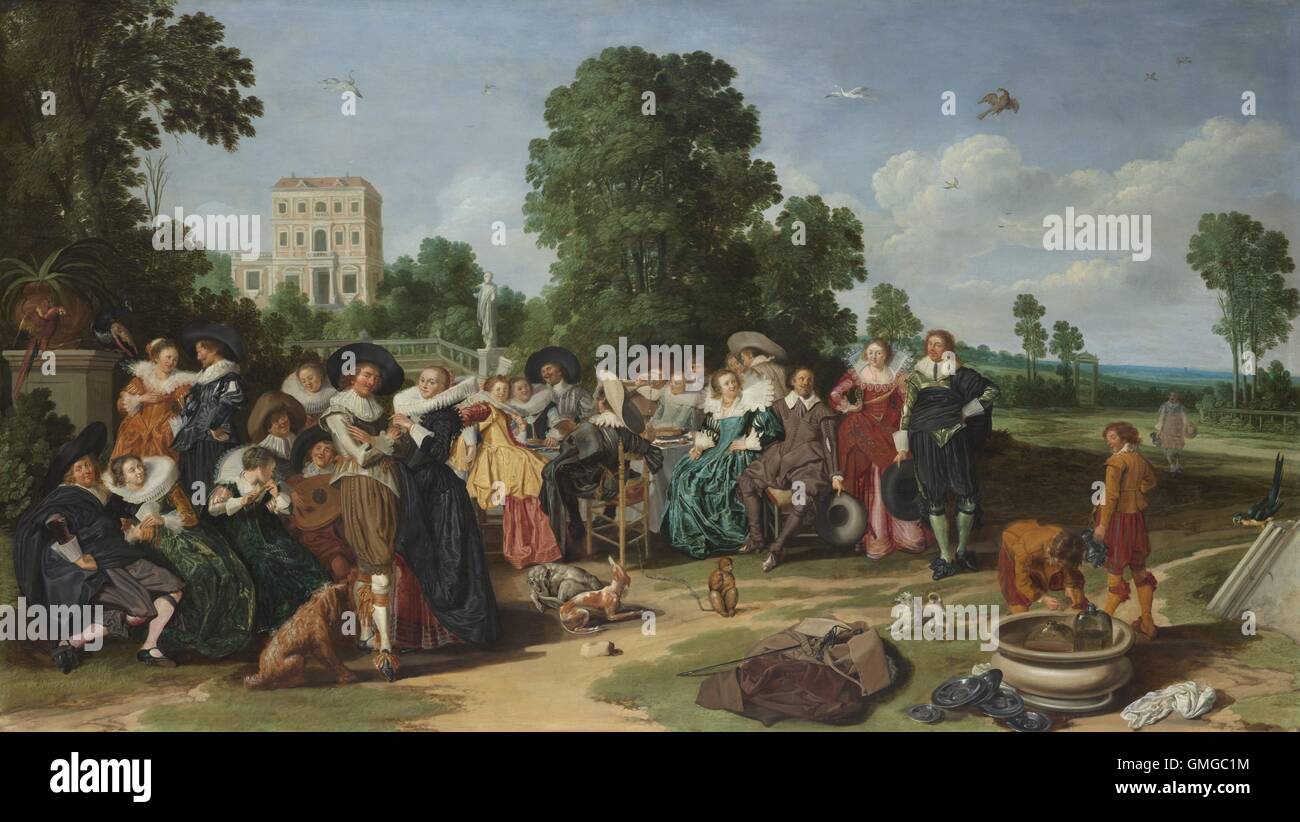 La fête champêtre Dirck Hals,, 1627, la peinture hollandaise, huile sur panneau. Les hommes et les femmes habillés magnifiquement manger, boire et faire la fête à une fête champêtre, un jardin extérieur partie. Celui-ci a lieu généralement dans un domaine aristocratique pour accueillir les festivités. L'artiste ajoute un symbole moralisateur avec le singe enchaîné : c'est l'acronyme de l'homme pécheur, qui s'autorise à être entravée par ses instincts de base (BSLOC 2016 3 120) Banque D'Images La fête champêtre Dirck Hals,, 1627, la peinture hollandaise, huile sur panneau. Les hommes et les femmes habillés magnifiquement manger, boire et faire la fête à une fête champêtre, un jardin extérieur partie. Celui-ci a lieu généralement dans un domaine aristocratique pour accueillir les festivités. L'artiste ajoute un symbole moralisateur avec le singe enchaîné : c'est l'acronyme de l'homme pécheur, qui s'autorise à être entravée par ses instincts de base (BSLOC 2016 3 120) Banque D'Images