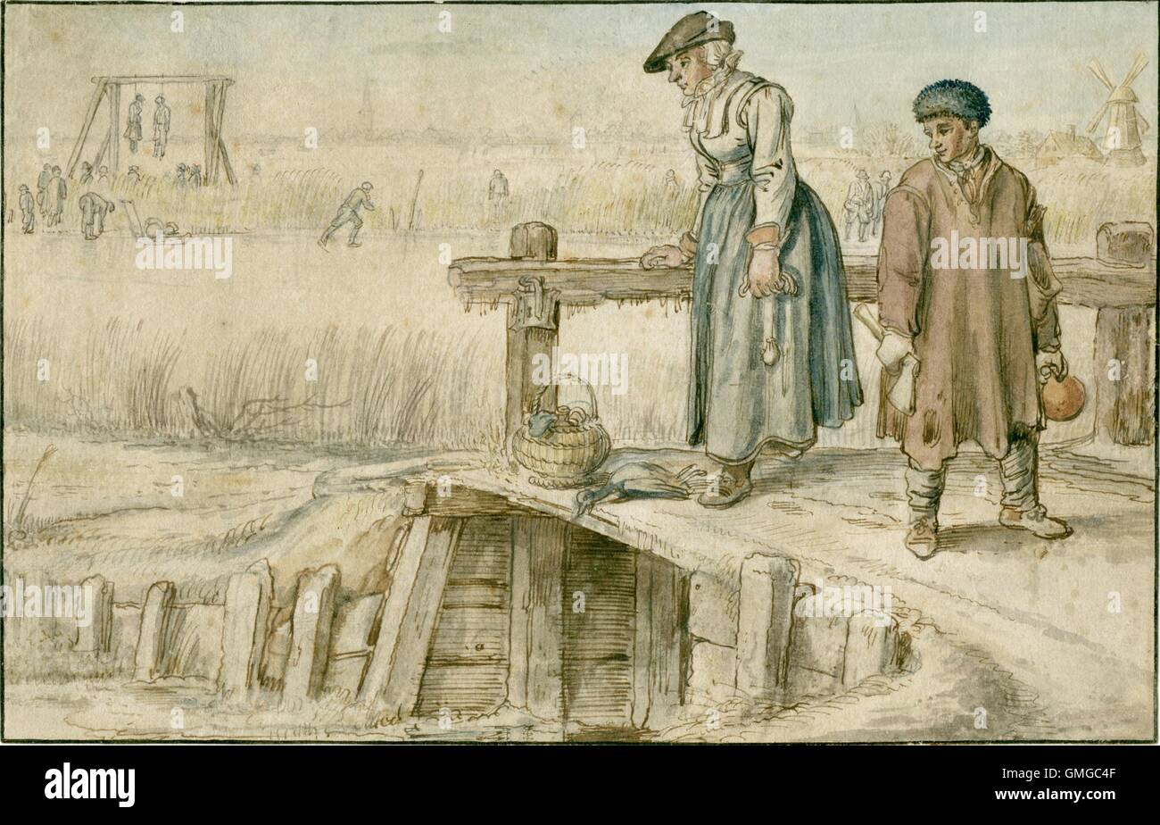 Scène d'hiver : Femme et enfant sur un petit pont, par Hendrick Avercamp, 1595-1634, la peinture hollandaise. Aquarelle sur papier. Leurs vêtements de tous les jours est rendu en détail. Dans l'arrière-plan sont les patineurs sur une rivière et une potence avec deux hommes (BSLOC pendu 2016 3 144) Banque D'Images
