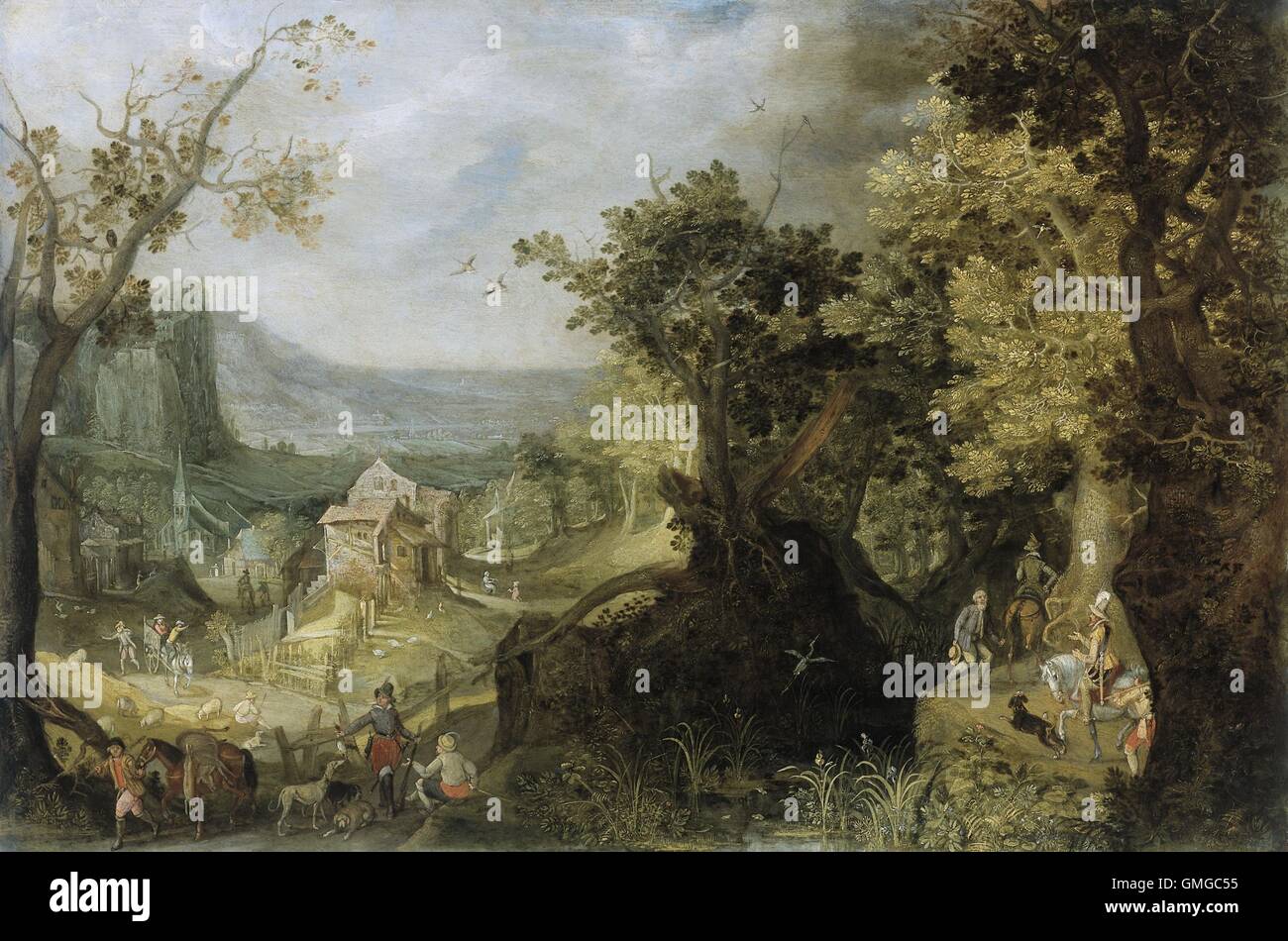 Paysage boisé, par Anton Mirou, 1608, la peinture flamande, huile sur toile. Paysage montagneux avec cavaliers et promeneurs sur un chemin à travers une forêt à droite, et les chasseurs en bas à gauche. Au milieu de terrain est un village, avec des maisons et plus d'activité humaine (BSLOC 2016 3 147) Banque D'Images