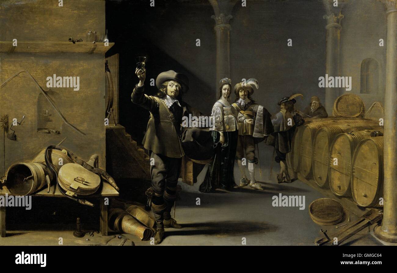 Les connaisseurs de vin, par Jacob Duck, 1640-42, la peinture hollandaise, huile sur panneau. Homme tenir un verre de vin jusqu'à la lumière dans une cave à vin avec une rangée de tonneaux de vin, comme un couple élégamment vêtu montres (BSLOC 2016 3 159) Banque D'Images Les connaisseurs de vin, par Jacob Duck, 1640-42, la peinture hollandaise, huile sur panneau. Homme tenir un verre de vin jusqu'à la lumière dans une cave à vin avec une rangée de tonneaux de vin, comme un couple élégamment vêtu montres (BSLOC 2016 3 159) Banque D'Images