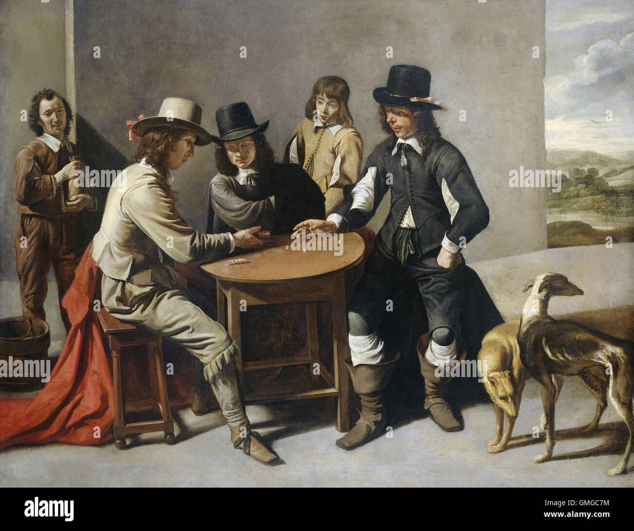 Les joueurs de dés (les joueurs), par disciple de Mathieu Le Nain, la peinture française, 1630-80, huile sur toile. Également appelé 'Les Joueurs'. Trois hommes autour d'une table jouent aux dés que deux autres watch (BSLOC 2016 3 175) Banque D'Images