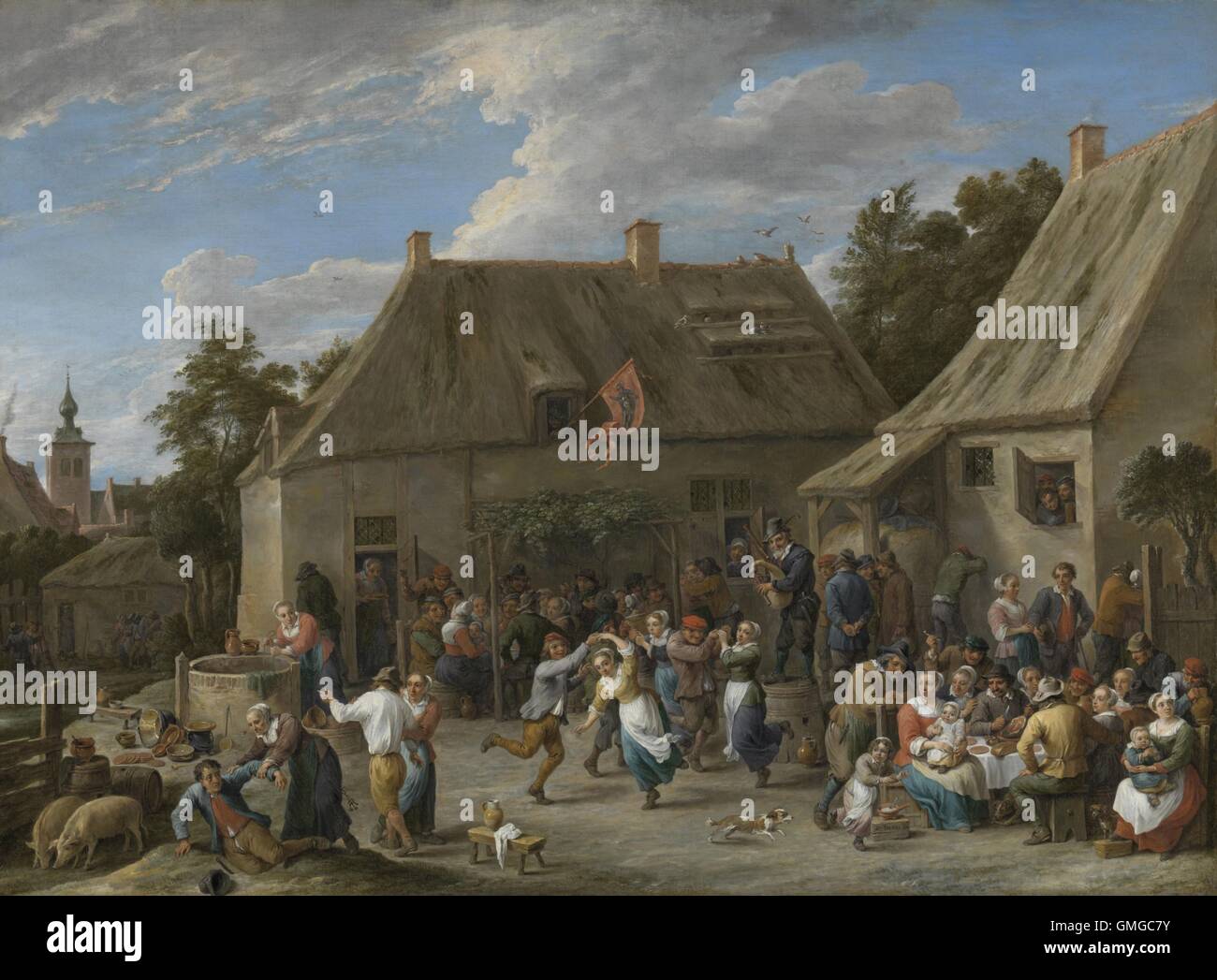 Kermis paysanne, par David Teniers (II), ch. La peinture flamande, 1665 huile sur toile. Paysans célébrer lors d'un festival country. Ils portent leur bonne, propre et des vêtements sans correctifs qu'ils mangent, la danse et la boisson. Qu'un, l'homme qui tombe à gauche, près du porc, s'est mal conduit en s'enivrant (BSLOC 2016 3 177) Banque D'Images