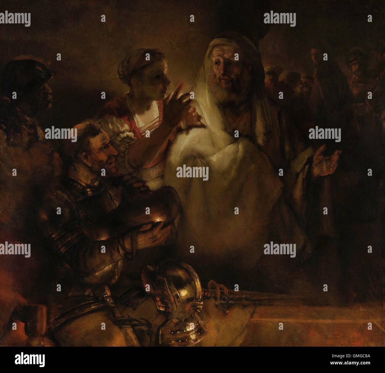Le refus de Saint Pierre, d'après Rembrandt van Rijn, 1660, la peinture hollandaise, huile sur toile. La lutte contre l'accusation de la femme de chambre de Caïphe, Peter refuse il est un disciple de Jésus, qui a été arrêté et (à droite) regarde en arrière alors qu'il est enlevé par des soldats (BSLOC 2016 3 18) Banque D'Images Le refus de Saint Pierre, d'après Rembrandt van Rijn, 1660, la peinture hollandaise, huile sur toile. La lutte contre l'accusation de la femme de chambre de Caïphe, Peter refuse il est un disciple de Jésus, qui a été arrêté et (à droite) regarde en arrière alors qu'il est enlevé par des soldats (BSLOC 2016 3 18) Banque D'Images