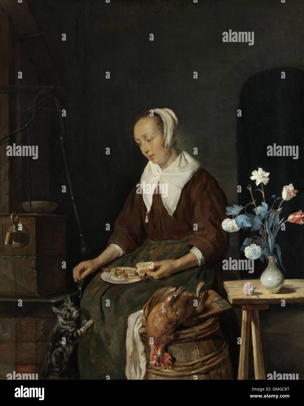 Woman Eating, par Gabriel Metsu, 1661-64, la peinture hollandaise, huile sur panneau. Aussi connu sous le nom de "Petit-déjeuner du chat'. Une femme assise offre son chat bondissant l'épine dorsale de l'hareng. Elle s'assoit à côté d'un baril, sur qui est un poulet mort et à côté d'une petite table avec un vase de fleurs. À gauche est une pompe à eau et le robinet (BSLOC 2016 3 188) Banque D'Images