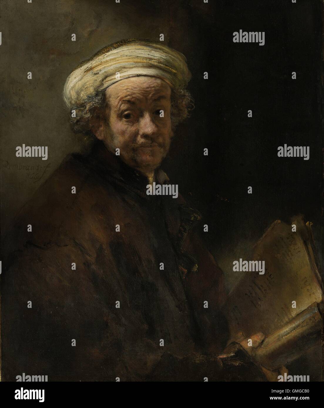 Self Portrait comme l'Apôtre Paul, d'après Rembrandt van Rijn, 1661, la peinture hollandaise, huile sur toile. L'autoportrait de Rembrandt uniquement comme une figure biblique, représente l'apôtre Paul de Tarse avec une épée porte sur la poitrine, un turban blanc, et ses épîtres (BSLOC 2016 3 20) Banque D'Images Self Portrait comme l'Apôtre Paul, d'après Rembrandt van Rijn, 1661, la peinture hollandaise, huile sur toile. L'autoportrait de Rembrandt uniquement comme une figure biblique, représente l'apôtre Paul de Tarse avec une épée porte sur la poitrine, un turban blanc, et ses épîtres (BSLOC 2016 3 20) Banque D'Images