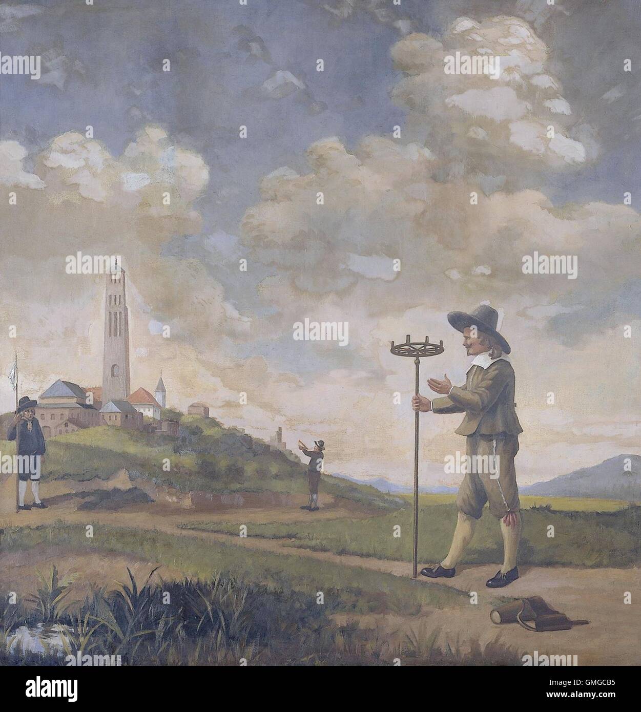 L'arpenteur, Andries van der Wal, par artiste anonyme, 1650-74, la peinture hollandaise, huile sur panneau. Surveyor debout dans un paysage avec un bâton de mesure avec deux assistants (BSLOC 2016 3 204) Banque D'Images L'arpenteur, Andries van der Wal, par artiste anonyme, 1650-74, la peinture hollandaise, huile sur panneau. Surveyor debout dans un paysage avec un bâton de mesure avec deux assistants (BSLOC 2016 3 204) Banque D'Images