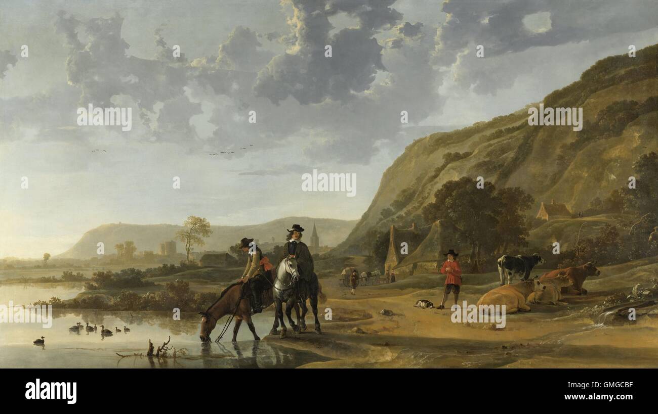 Paysage de rivière avec des cavaliers, par Aelbert Cuyp, 1653-57, la peinture hollandaise, huile sur toile. Les agents néerlandais de halte à la rivière, et de l'eau leurs chevaux à côté d'un herder et son repos, le bétail le long de la rivière Waal entre Nimègue et Clèves dans le nord de l'Allemagne (BSLOC 2016 3 212) Banque D'Images