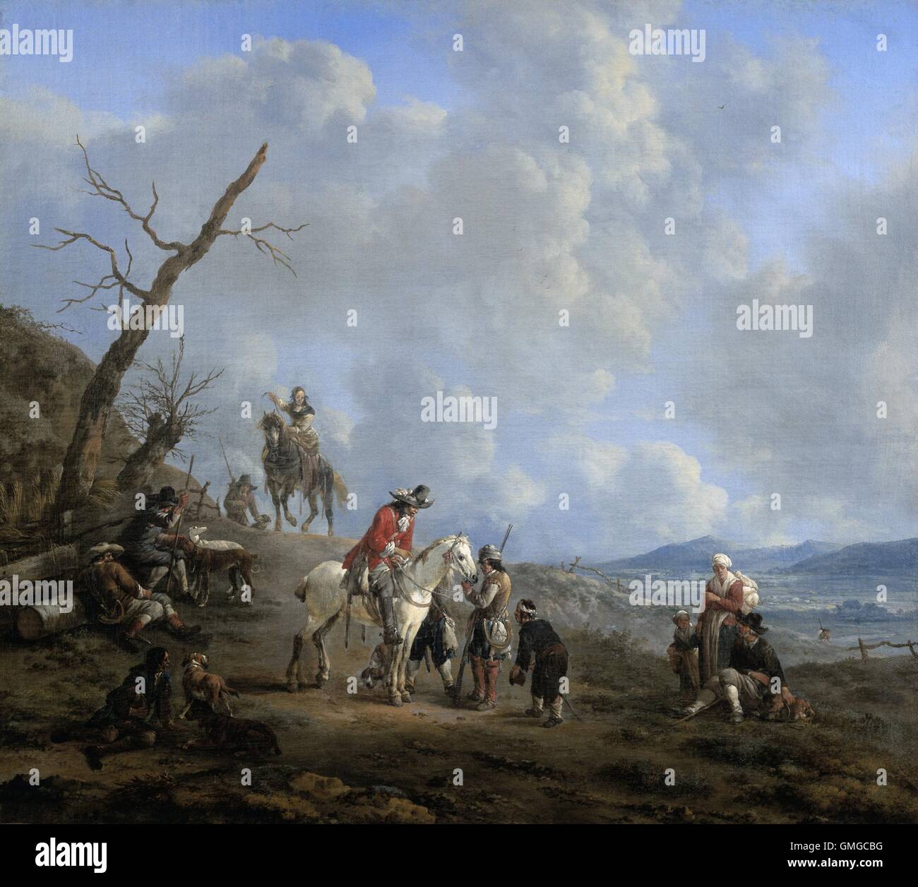 Paysage avec des cavaliers, les chasseurs et les paysans, par Johannes Knüllhotel Tann-eck, 1650-74, le néerlandais peinture à l'huile. Variété de voyageurs sur une route sur un BSLOC Hills (2016 3 213) Banque D'Images