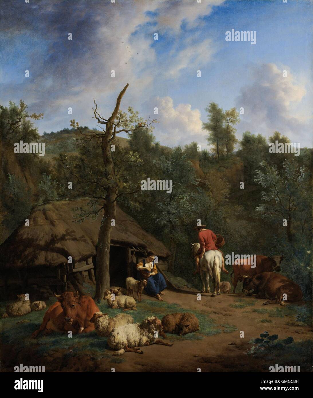 La Cabane, par Adriaen van de Velde, 1671, la peinture hollandaise, huile sur toile. Vallonné Paysage italien avec une jeune femme aux pieds nus à l'entrée d'une cabane de berger. Aussi, un homme nu est assis sur un cheval blanc avec un panier. Le bétail et les moutons se trouvent à proximité de la hutte au toit de chaume (BSLOC 2016 3 214) Banque D'Images