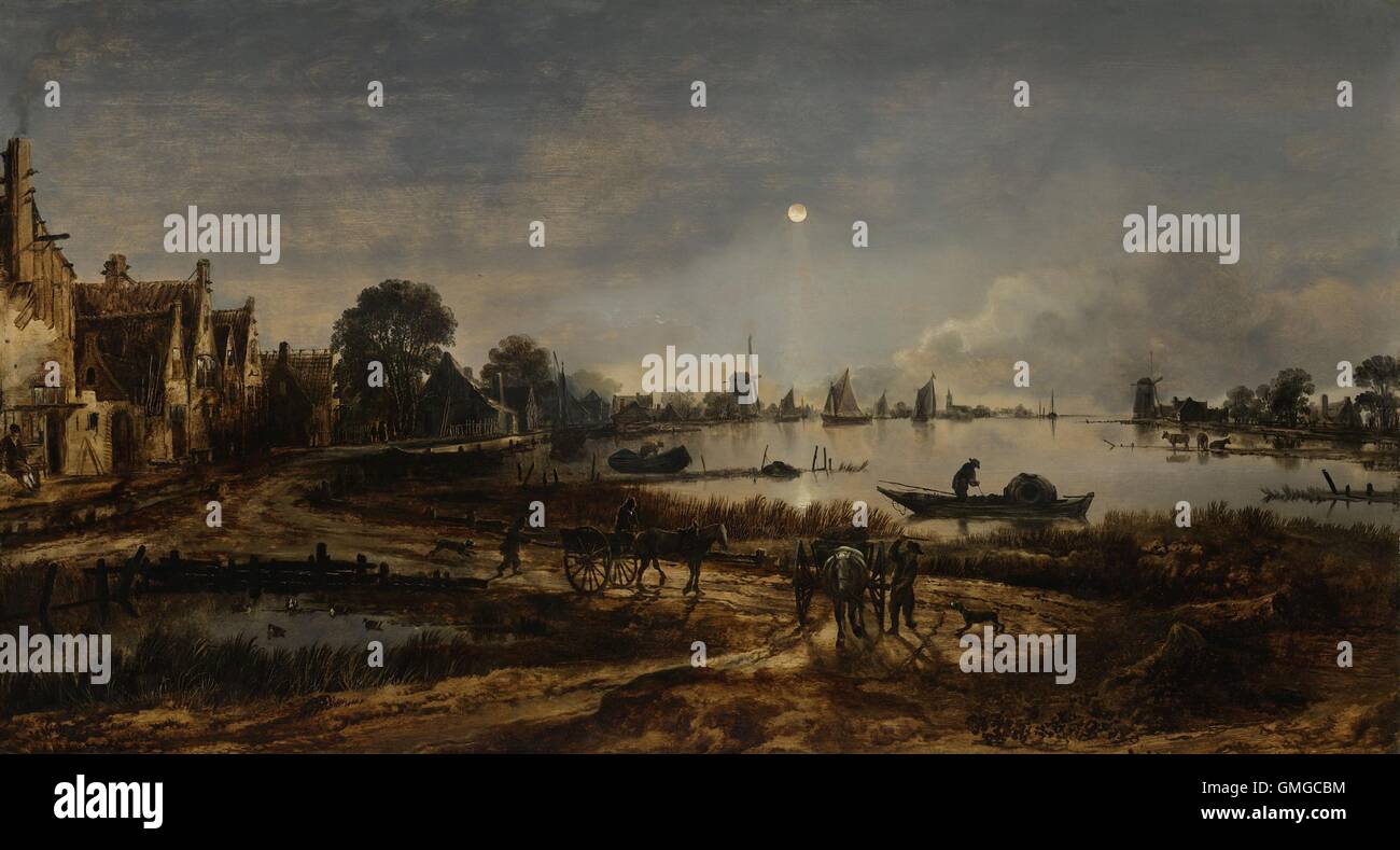 Vue sur la rivière au clair de lune, par Aert van der Neer, 1640-50, la peinture hollandaise, huile sur panneau. La lune se reflète dans l'eau, regards sur les vitres des maisons à gauche, et allume le plumage blanc des canards au premier plan. Il y a deux chariots, un bateau de pêcheur sur l'eau, et dans la distance deux moulins à vent (BSLOC 2016 3 217) Banque D'Images