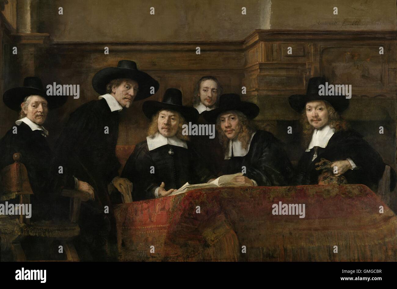 Les syndics, d'après Rembrandt van Rijn, 1662, la peinture hollandaise, huile sur toile. La peinture, titre original était, 'l'échantillonnage des fonctionnaires de la Guilde des Drapiers d'Amsterdam." Les gardiens de la toile d'Amsterdam makers guild sont réunis autour d'une table couverte de tapis et ouvert (BSLOC nuancier 2016 3 22) Banque D'Images Les syndics, d'après Rembrandt van Rijn, 1662, la peinture hollandaise, huile sur toile. La peinture, titre original était, 'l'échantillonnage des fonctionnaires de la Guilde des Drapiers d'Amsterdam." Les gardiens de la toile d'Amsterdam makers guild sont réunis autour d'une table couverte de tapis et ouvert (BSLOC nuancier 2016 3 22) Banque D'Images