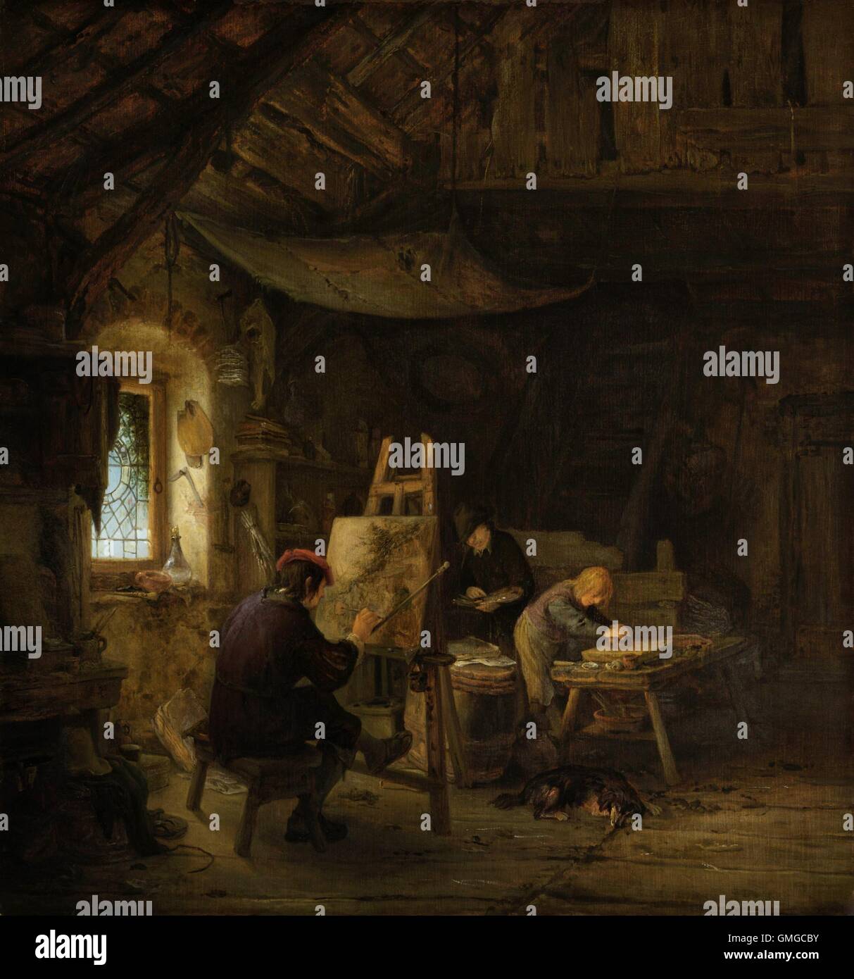 L'atelier du peintre Adriaen van Ostade, en 1670-75, la peinture hollandaise, huile sur panneau. Atelier d'un peintre ordinaire dans un vieux bâtiment sombre, peinture sur un modeste paysage comme deux apprentis travaillent à proximité. On estime que 1 000 000 peintures ont été faites au cours de l'âge d'or hollandais, et pas tous de grands maîtres (BSLOC 2016 3 224) Banque D'Images L'atelier du peintre Adriaen van Ostade, en 1670-75, la peinture hollandaise, huile sur panneau. Atelier d'un peintre ordinaire dans un vieux bâtiment sombre, peinture sur un modeste paysage comme deux apprentis travaillent à proximité. On estime que 1 000 000 peintures ont été faites au cours de l'âge d'or hollandais, et pas tous de grands maîtres (BSLOC 2016 3 224) Banque D'Images