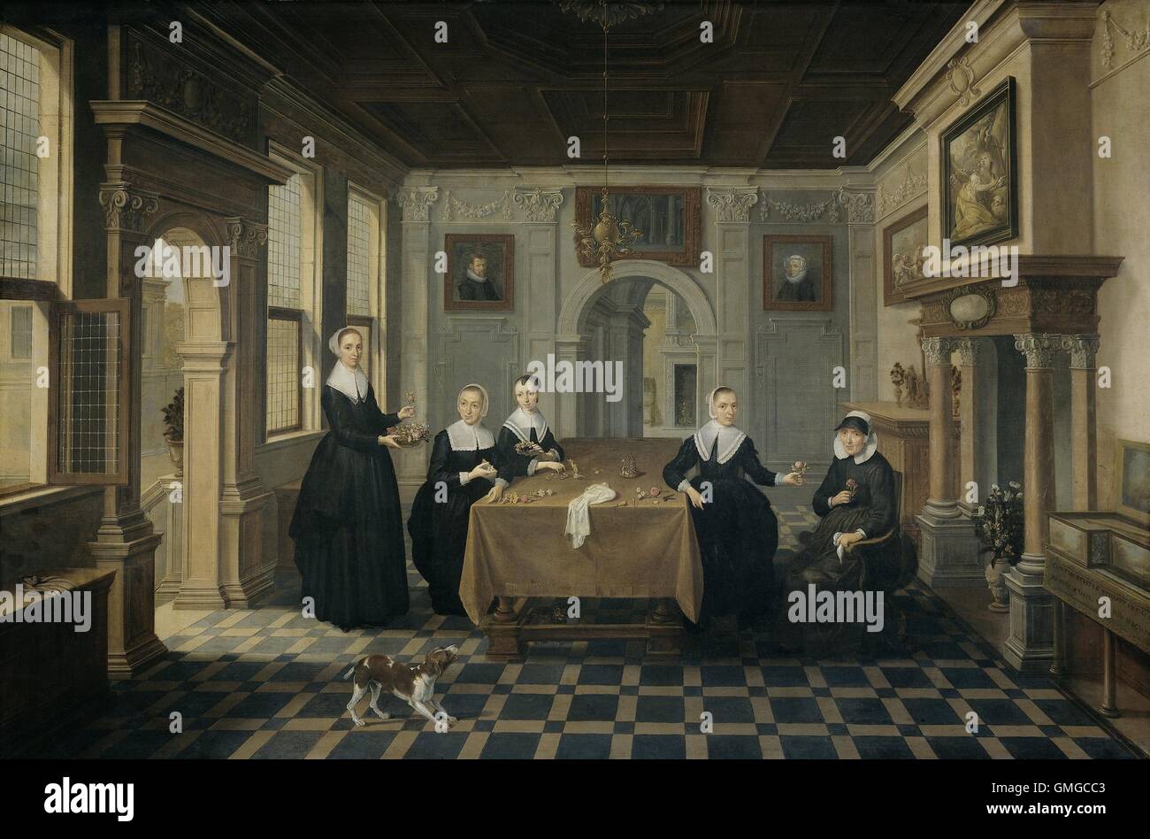 Cinq femmes dans un intérieur, attribué à Dirck van Delen, 1630-52, la peinture hollandaise, huile sur panneau. Quatre adultes et une femmes âgées autour d'une table dans une salle élégante avec des éléments architecturaux classiques (BSLOC 2016 3 228) Banque D'Images