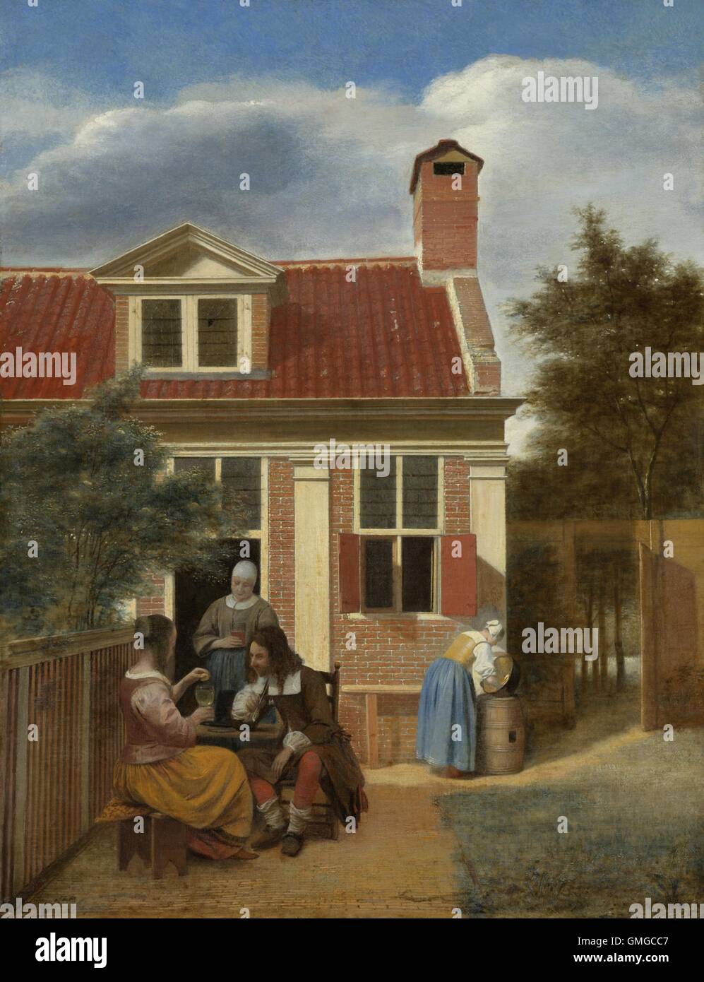 Les chiffres d'une cour derrière une maison, par Pieter de Hooch, 1663-65, la peinture hollandaise, huile sur toile. Scène de cour avec couple à table dans une arrière-cour. Un serviteur est titulaire d'un verre de bière et la femme tire un citron sur son verre. Une autre servante récure un grand bois cuivre électrique sur une BSLOC 2016 Baril ( 3 231) Banque D'Images