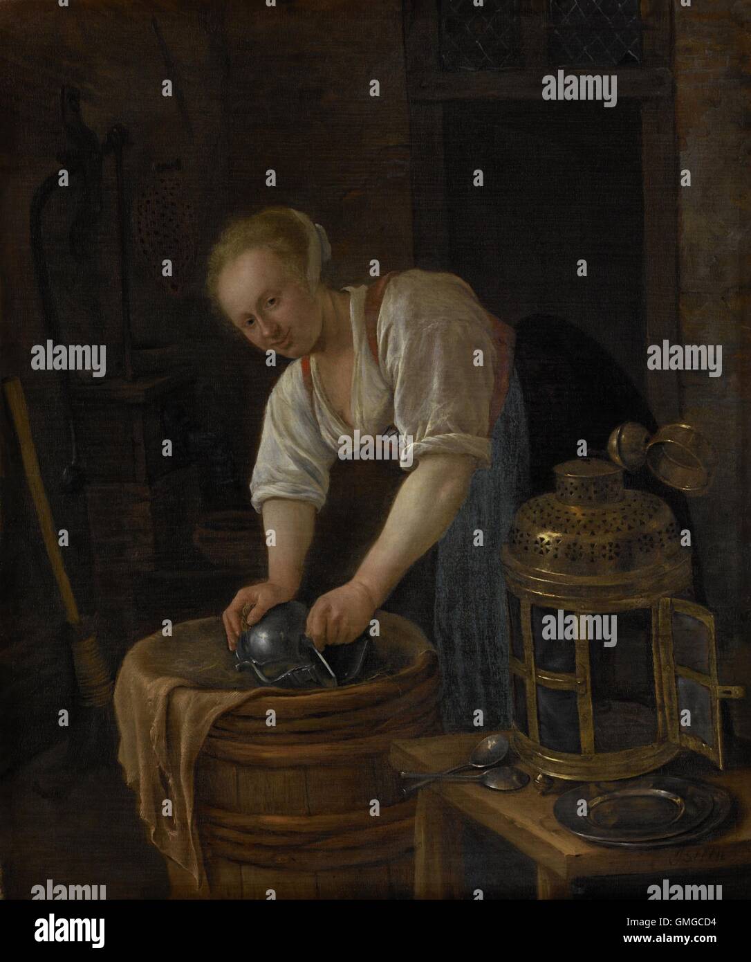L'affouillement femme objets métalliques, de Jan Steen, 1650-60, la peinture hollandaise, huile sur panneau. Jeune femme metal polissage d'un bâtiment à l'herbe séchée sur un baril. A côté d'elle est aussi d'autres objets métalliques : une lanterne en laiton et d'étain, des cuillères et des plaques. Dans l'arrière-plan est une pompe à eau, de genêts et d'une passoire (BSLOC 2016 3 248) Banque D'Images L'affouillement femme objets métalliques, de Jan Steen, 1650-60, la peinture hollandaise, huile sur panneau. Jeune femme metal polissage d'un bâtiment à l'herbe séchée sur un baril. A côté d'elle est aussi d'autres objets métalliques : une lanterne en laiton et d'étain, des cuillères et des plaques. Dans l'arrière-plan est une pompe à eau, de genêts et d'une passoire (BSLOC 2016 3 248) Banque D'Images