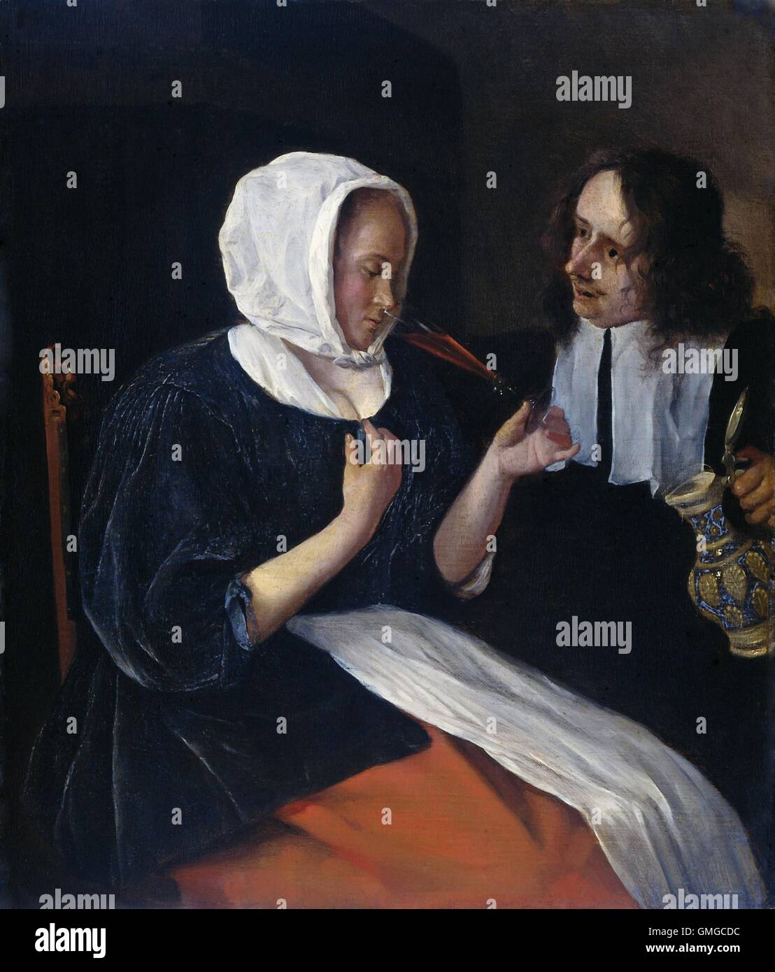 Un couple d'alcool, de Jan Steen, 1660-79, la peinture hollandaise, huile sur panneau. Un jeune homme avec une cruche de vin est assis à côté d'une jeune femme de prendre une gorgée d'une flûte en verre. Elle porte un tablier blanc et un foulard blanc (BSLOC 2016 3 250) Banque D'Images
