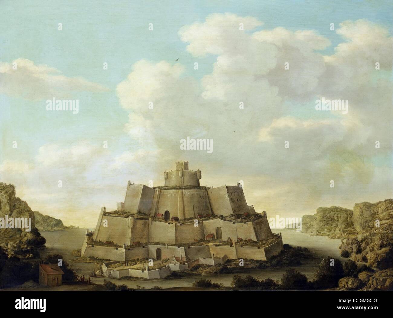 Une forteresse, par Matthieu Dubus, ch. 1639, la peinture hollandaise, huile sur panneau. Paysage côtier avec un multi-niveaux fortification sur une île (BSLOC 2016 3 258) Banque D'Images Une forteresse, par Matthieu Dubus, ch. 1639, la peinture hollandaise, huile sur panneau. Paysage côtier avec un multi-niveaux fortification sur une île (BSLOC 2016 3 258) Banque D'Images