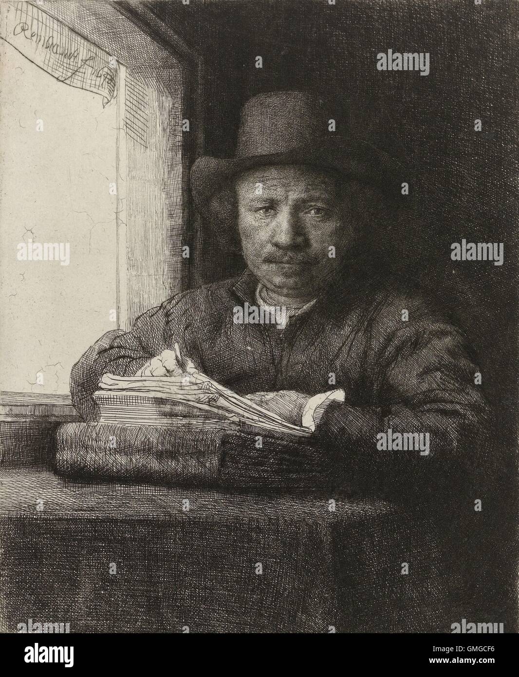 Auto-portrait de Rembrandt, gravage en une fenêtre, de Rembrandt, 1648, le néerlandais d'estampes, de gravures sur papier. 42 ans sur un dessin de Rembrandt copperplate à partir de son reflet dans un miroir. Il décrit lui-même dans un simple chapeau et veste, les vêtements dans lesquels il travaillait habituellement (BSLOC 2016 3 27) Banque D'Images