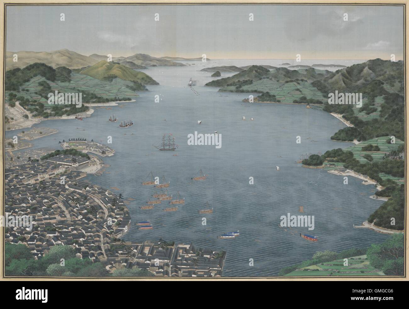 Le port de Nagasaki, par Kawahara Keiga, ch. 1800-50, la peinture japonaise, aquarelle sur soie. Les navires hollandais et chinois sont à l'ancre. Les drapeaux néerlandais vagues de l'île en forme de croissant de Deshima, où les Hollandais ont été les seuls de l'Ouest pour le commerce avec le Japon de 1641 à 1853. La bourse chinoise de l'île de plus BSLOC 2016 gauche ( 3 287) Banque D'Images