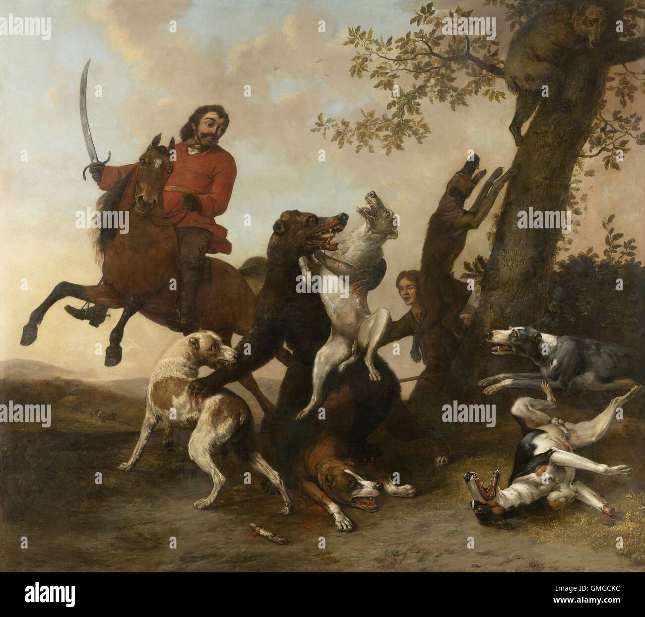 Bear Hunt, par Paulus Potter, 1649, la peinture hollandaise, huile sur toile. Porter se bat pour sa vie avec une meute de chiens et un chasseur à cheval avec l'épée nue. Un autre ours s'enfuit dans un arbre (BSLOC 2016 3 303) Banque D'Images