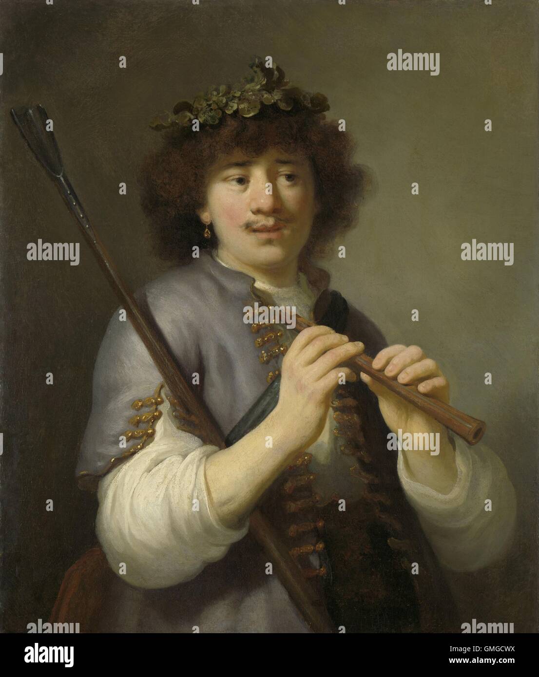 Rembrandt comme pasteur avec le personnel et flûte, Govert Flinck, 1636, la peinture hollandaise, huile sur toile. Jeune Rembrandt a peint avec des membres du personnel et de la flûte dans les mains, avec une couronne de feuilles sur la tête et d'oreille à l'oreille droite (BSLOC 2016 3 53) Banque D'Images Rembrandt comme pasteur avec le personnel et flûte, Govert Flinck, 1636, la peinture hollandaise, huile sur toile. Jeune Rembrandt a peint avec des membres du personnel et de la flûte dans les mains, avec une couronne de feuilles sur la tête et d'oreille à l'oreille droite (BSLOC 2016 3 53) Banque D'Images
