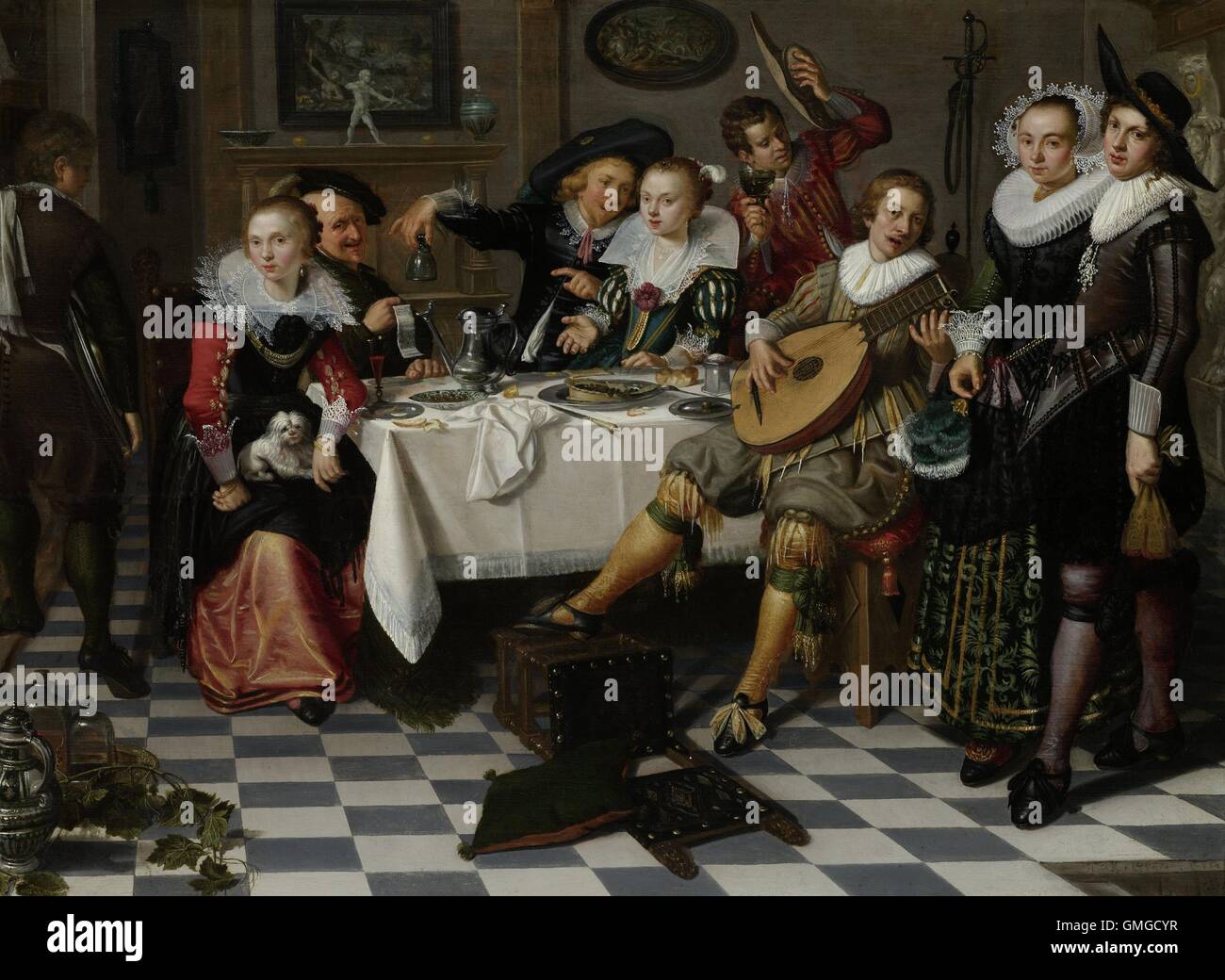 Merry Company, par Isack Elyas, 1629, la peinture hollandaise, huile sur panneau. Intérieur avec la fête, boire et faire de la musique autour d'un ensemble de l'entreprise tableau font allusion à ses cinq sens. La femme avec le chien représente l'odeur ; l'homme avec le morceau de papier est la vue ; le couple de chant sont Touch ; l'homme avec le verre de vin est le goût ; et le luth-joueur est l'audition. À droite sont une jeune homme et femme, le contact visuel avec l'artiste ou du spectateur (BSLOC 2016 3 60) Banque D'Images