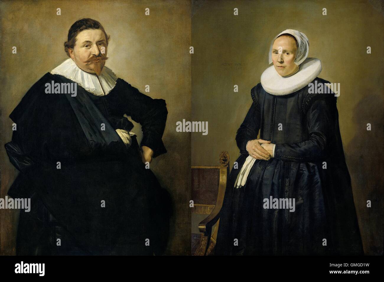 Portraits de mariage de Clercq, Lucas et Feyntje van Steenkiste, par Frans Hals, 1635, la peinture hollandaise, huile sur toile. Le portrait du marchand Lucas de Clercq, contraste avec la posés conventionnellement portrait de sa femme. Ces portraits distincts décrits habituellement le mari sur la gauche et la femme sur la droite, à la fois tourné vers l'autre. La lumière est presque toujours de la gauche, illuminant le visage de la femme de façon égale, et moulage de substitution, ombres sur celui de l'homme (BSLOC 2016 3 72) Banque D'Images Portraits de mariage de Clercq, Lucas et Feyntje van Steenkiste, par Frans Hals, 1635, la peinture hollandaise, huile sur toile. Le portrait du marchand Lucas de Clercq, contraste avec la posés conventionnellement portrait de sa femme. Ces portraits distincts décrits habituellement le mari sur la gauche et la femme sur la droite, à la fois tourné vers l'autre. La lumière est presque toujours de la gauche, illuminant le visage de la femme de façon égale, et moulage de substitution, ombres sur celui de l'homme (BSLOC 2016 3 72) Banque D'Images