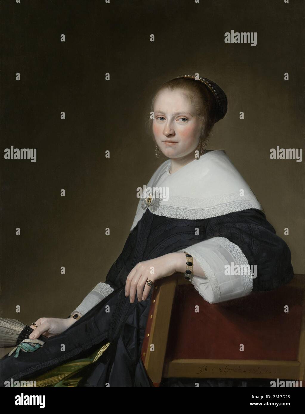 Portrait de Maria van Strijp, par Johannes Verspronck, 1652, la peinture hollandaise, huile sur panneau. Le sujet est assis de côté sur une chaise avec le dos au spectateur, un dispositif ludique prises à partir de portraits par Frans Hals (BSLOC 2016 3 75) Banque D'Images Portrait de Maria van Strijp, par Johannes Verspronck, 1652, la peinture hollandaise, huile sur panneau. Le sujet est assis de côté sur une chaise avec le dos au spectateur, un dispositif ludique prises à partir de portraits par Frans Hals (BSLOC 2016 3 75) Banque D'Images