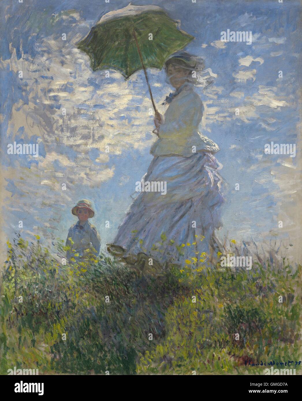 Femme avec un Parasol-Madame Monet et son fils, par Claude Monet, 1875, la peinture impressionniste français, huile sur toile. Contrairement à Banque D'Images