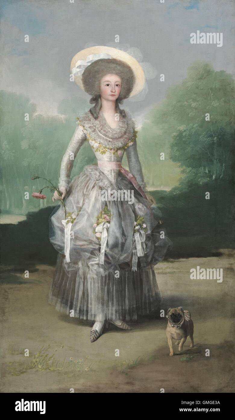 La Marquesa de Pontejos, par Francisco de Goya, ch. 1786, la peinture espagnole, huile sur toile. Elle est habillée dans le hepherdess' style populaire dans la France pré-révolutionnaire. Le portrait fut probablement peint à l'occasion de son premier mariage, de Francisco (BSLOC 2016 5 27) Banque D'Images