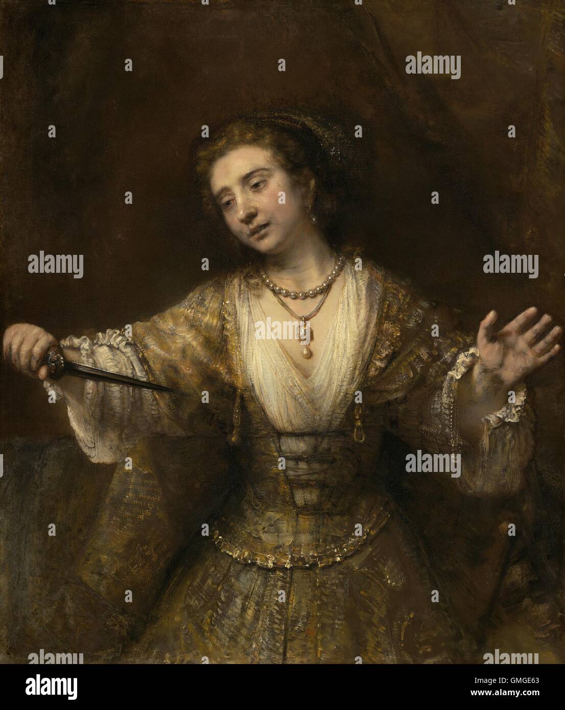 Lucrèce, de Rembrandt van Rijn, 1664, la peinture hollandaise, huile sur toile. Lucrèce, épouse Lucius Tarquinius Collatinus, était un 6ème siècle BCE matrone romaine vertueuse qui s'est tuée après avoir été violée par le fils du roi étrusque, Sextus Tarquin. Le tumulte causé (BSLOC 2016 5 35) Banque D'Images