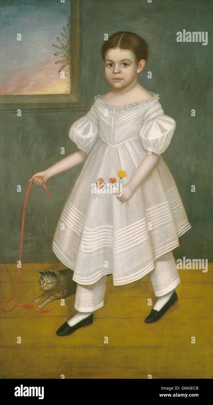 Fille avec chaton, Joseph Goodhue Chandler, 1836-38, American peinture naïve, huile sur toile. Né dans le Massachusetts, Chandler est un bâtiment typique du xixe siècle, l'artiste folk Américains qui voyagent d'un endroit à l'autre peinture portraits. Ses portraits d'enfants souvent (BSLOC_2016_6_109) Banque D'Images