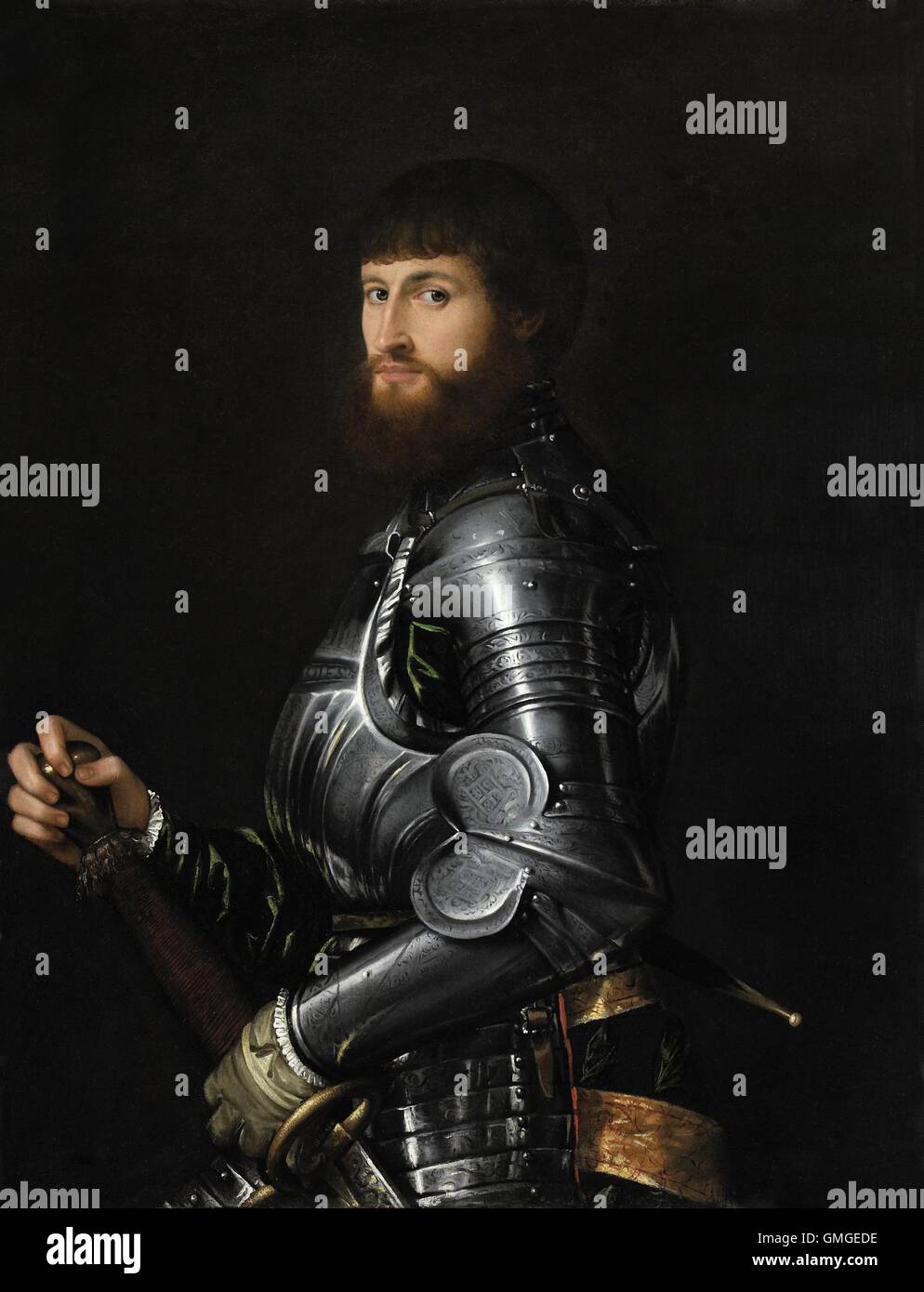 Portrait d'un noble en armure, par artiste anonyme, c. 1540-60, la peinture italienne de la Renaissance, de la peinture à l'huile sur toile. Noble italien en armure, avec les deux mains sur la garde de son épée une BSLOC  2016 (6 122) Banque D'Images