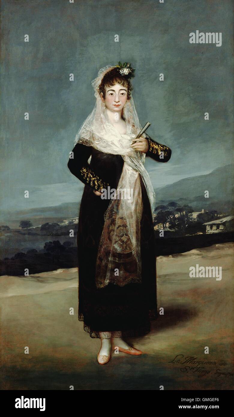 Portrait de La Marquesa de Santiago, de Francisco de Goya, 1804, la peinture espagnole, huile sur toile. Les riches Marquesa de Santiago était connue pour sa vie dissolue et festivités nocturnes. Goya a peint ce portrait quand elle avait 40 ans, trois bef (BSLOC 2016 6 140) Banque D'Images