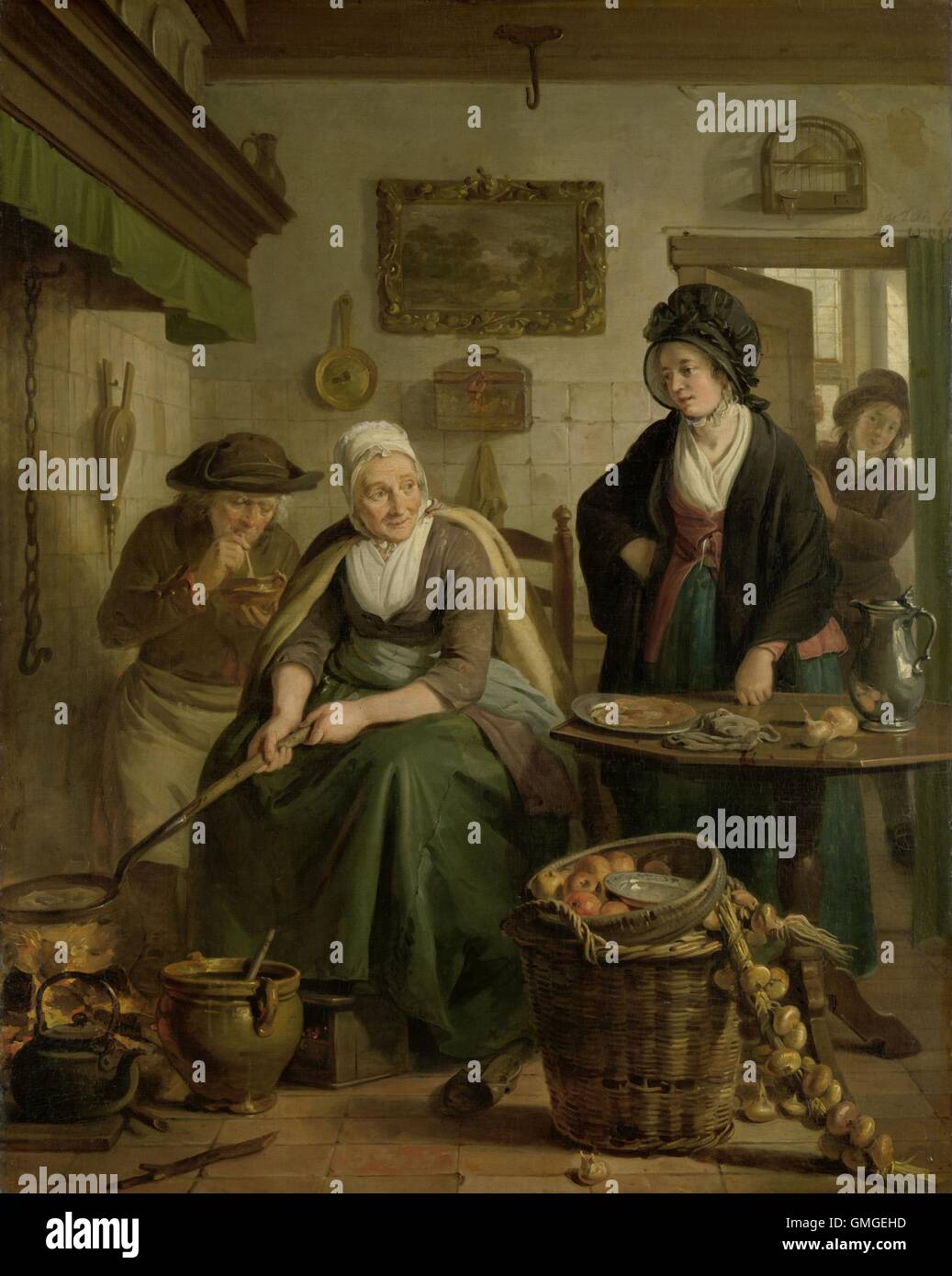 Woman Baking crêpes, par Adriaan de Lelie, 1790-1810, la peinture hollandaise, huile sur panneau. Scène de cuisson à coeur comme une femme tient un long manche pan. Une jeune femme vient d'entrer et un garçon se tient dans l'embrasure (BSLOC 2016 6 169) Banque D'Images