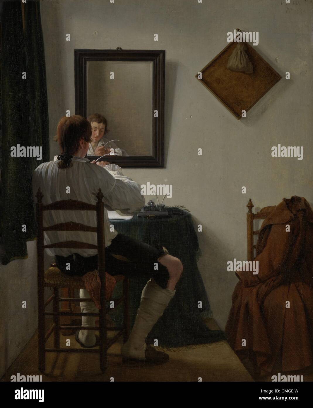 Fraisage d'un Écrivain, son stylo par Jan Ekels (II), 1784, la peinture hollandaise, huile sur panneau. Un auteur réduit son stylo dans un coin d'une petite salle. De nombreux détails sont capturés : la lumière pénètre dans une fenêtre de rideaux ; la réflexion de l'écrivain est dans un miroir ; sur la table est un BSLOC  2016 (6 186) Banque D'Images