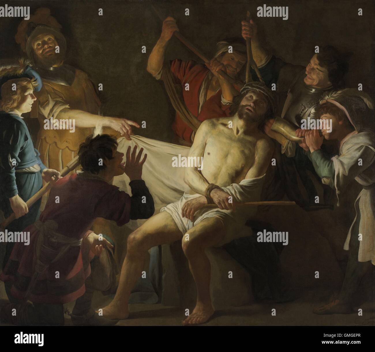 Le Christ couronné d'épines, par Gerard van Honthorst, c. 1622, la peinture hollandaise, huile sur toile. Se moquer du Christ's par des soldats Romains. qui a placé une couronne d'épines sur sa tête, et habillé dans un manteau. La scène est éclairée par une torche de façon spectaculaire, l'hôtel (BSLOC 2016 6 235) Banque D'Images