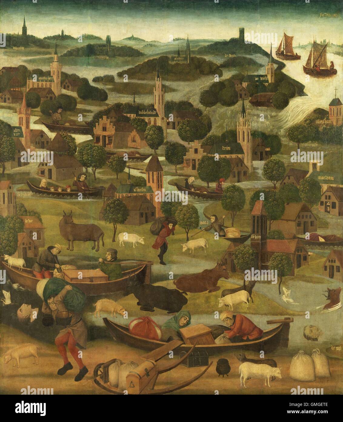 Le jour de la sainte Élisabeth, inondation par le maître de la Sainte Elisabeth de panneaux, c. 1490-95 Russisch, peinture, huile sur panneau. Dans la nuit du 19 novembre 1421, une grande partie de la Hollande a été inondée par la violation de la digue, à l'angle supérieur droit. 23 villages ont été submergés (BSLOC 2016 6 249) Banque D'Images