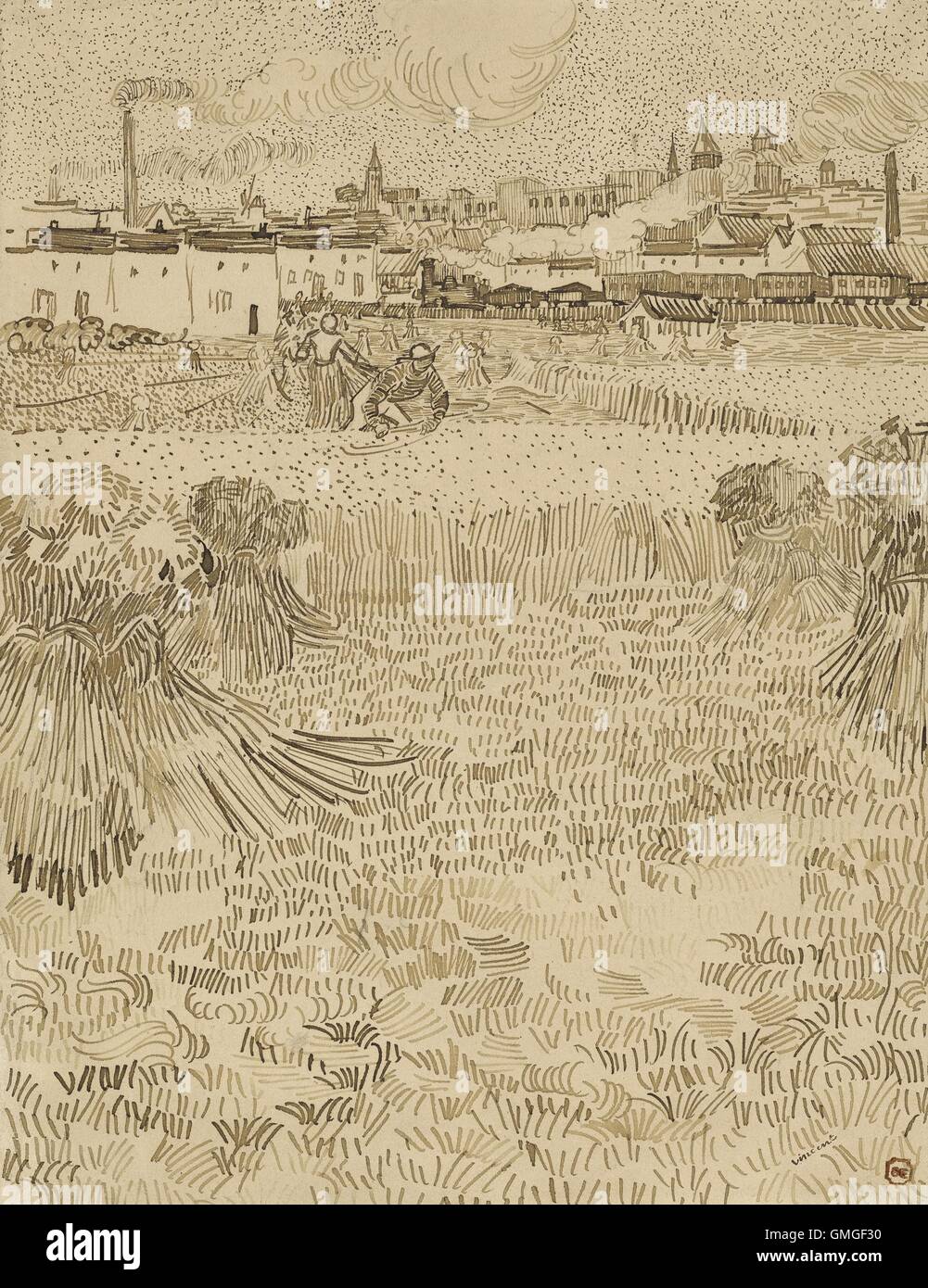 Arles : vue depuis le blé, par Vincent van Gogh, 1888, dessin néerlandais, plume et encre brune sur papier. Les agriculteurs travaillent dans un champ Banque D'Images