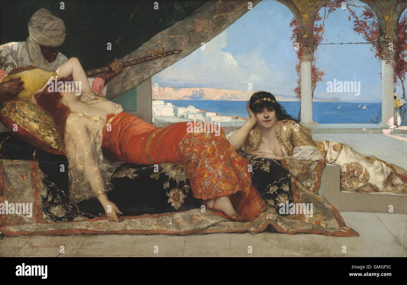 La favorite de l'Émir, par Jean Joseph Benjamin Constant, la peinture française, huile sur toile. Une fantaisie orientaliste de deux concubines dans un harem, a littoral méditerranéen paysage en arrière-plan. Les chambres luxueusement habillé, langueur, les femmes sont (BSLOC b sérénade 2016 6 67) Banque D'Images