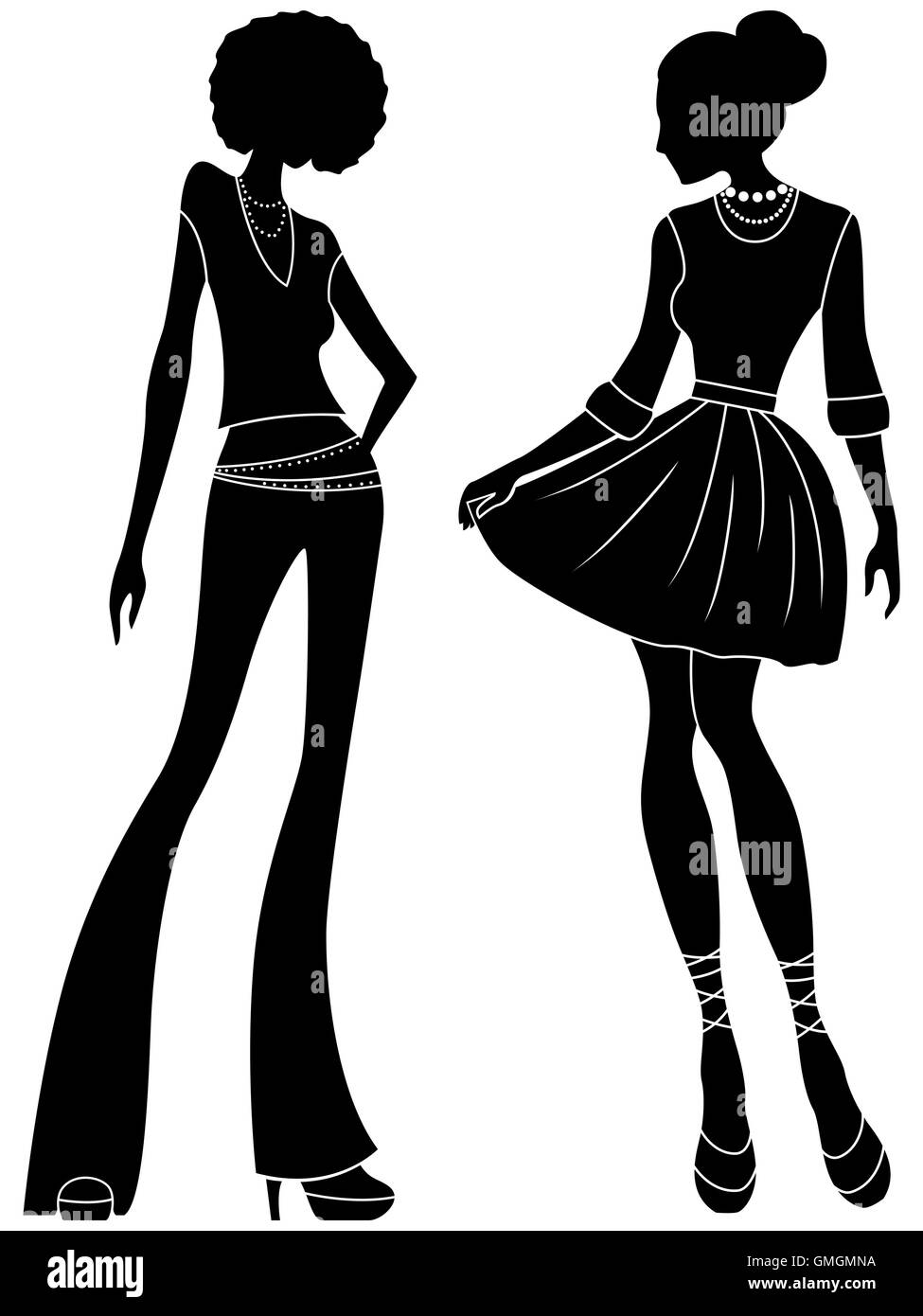 Résumé attrayant dames noir fines silhouettes pochoir, dessin à la main vector illustration stylisée Illustration de Vecteur