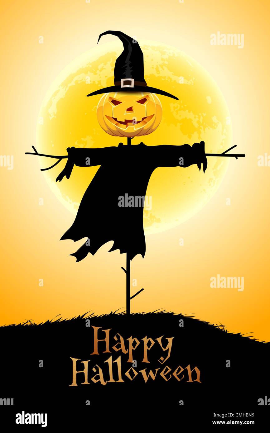 Arrière-plan de l'halloween avec lune et Scarecrow Illustration de Vecteur
