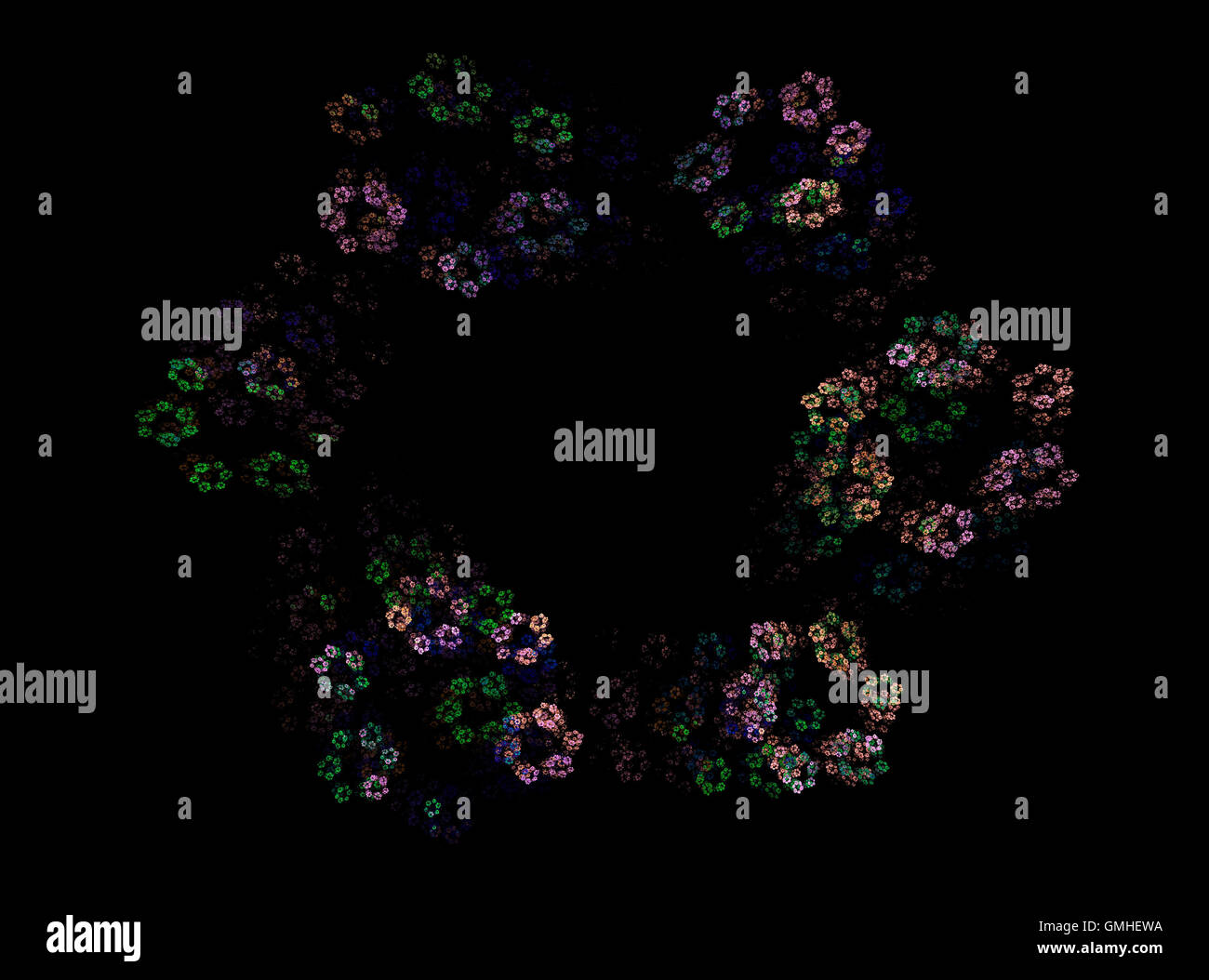 Abstract fractal, couronne de fleurs sur fond noir Banque D'Images