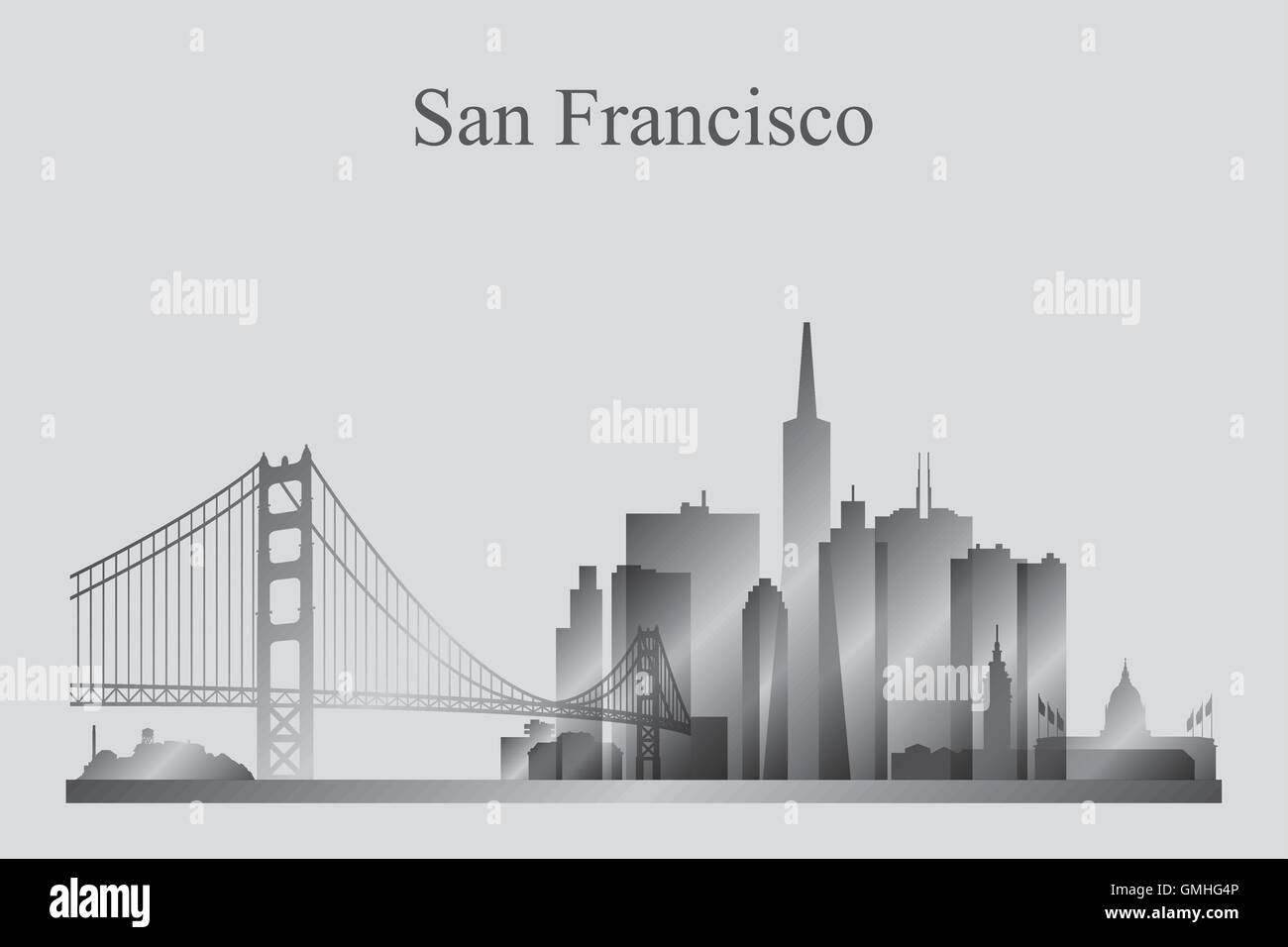 San Francisco city skyline silhouette en niveaux de gris Illustration de Vecteur
