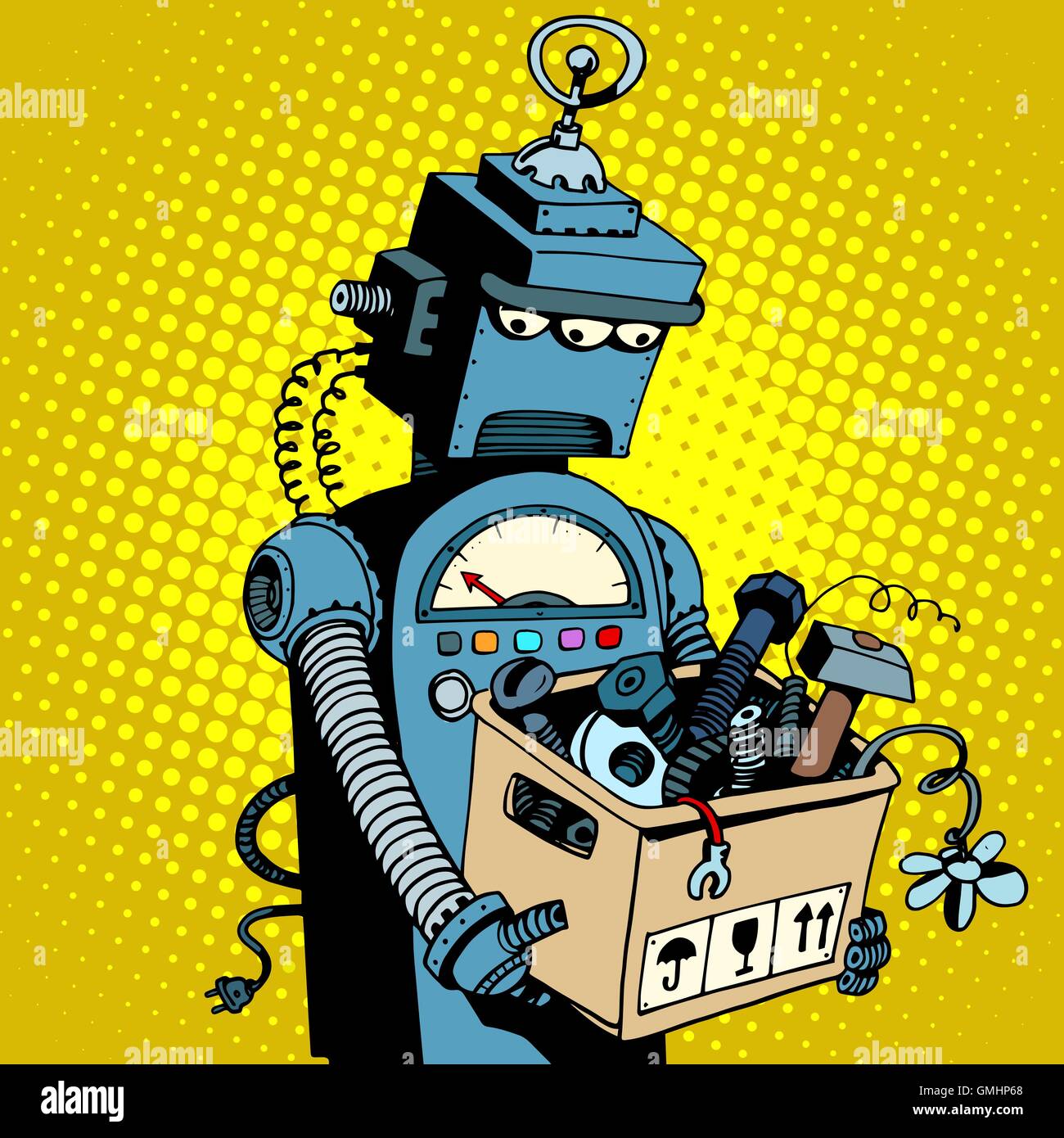 Sad robot retro laisse travailler Illustration de Vecteur