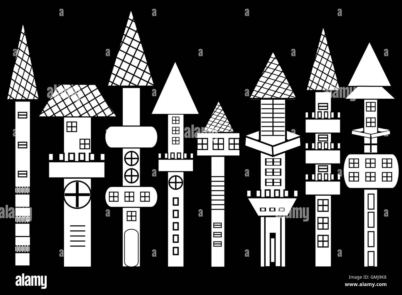 Château, maisons stylisées Doodle Banque D'Images