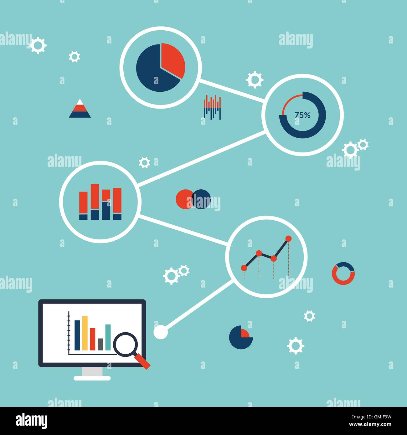 L'analyse de données d'entreprise, des finances, de l'information statistique, l'analyse de recherche de base de données concept design plat infographie Illustration de Vecteur