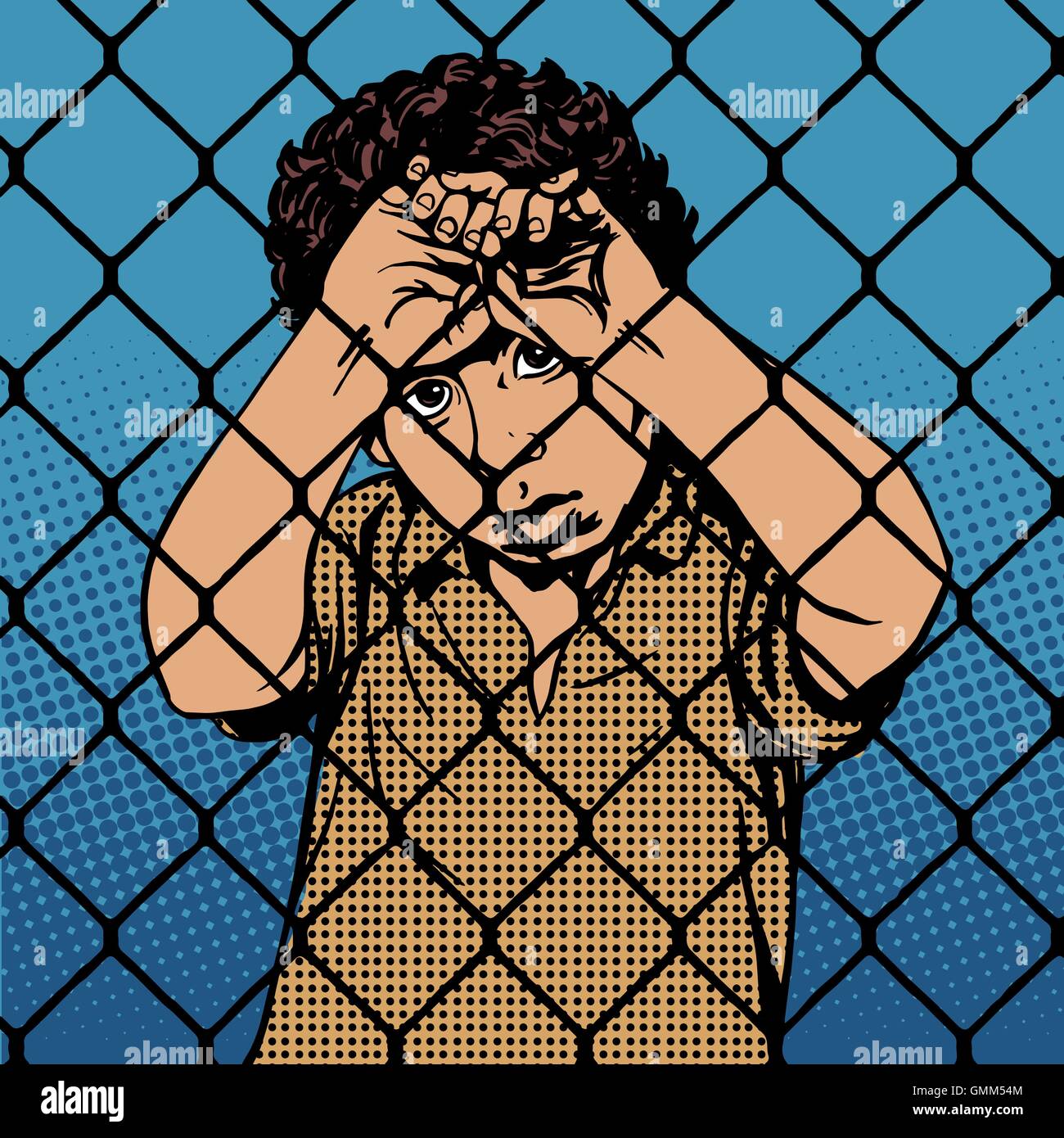 Garçon enfant migrants réfugiés derrière les barreaux la limite de prison Illustration de Vecteur