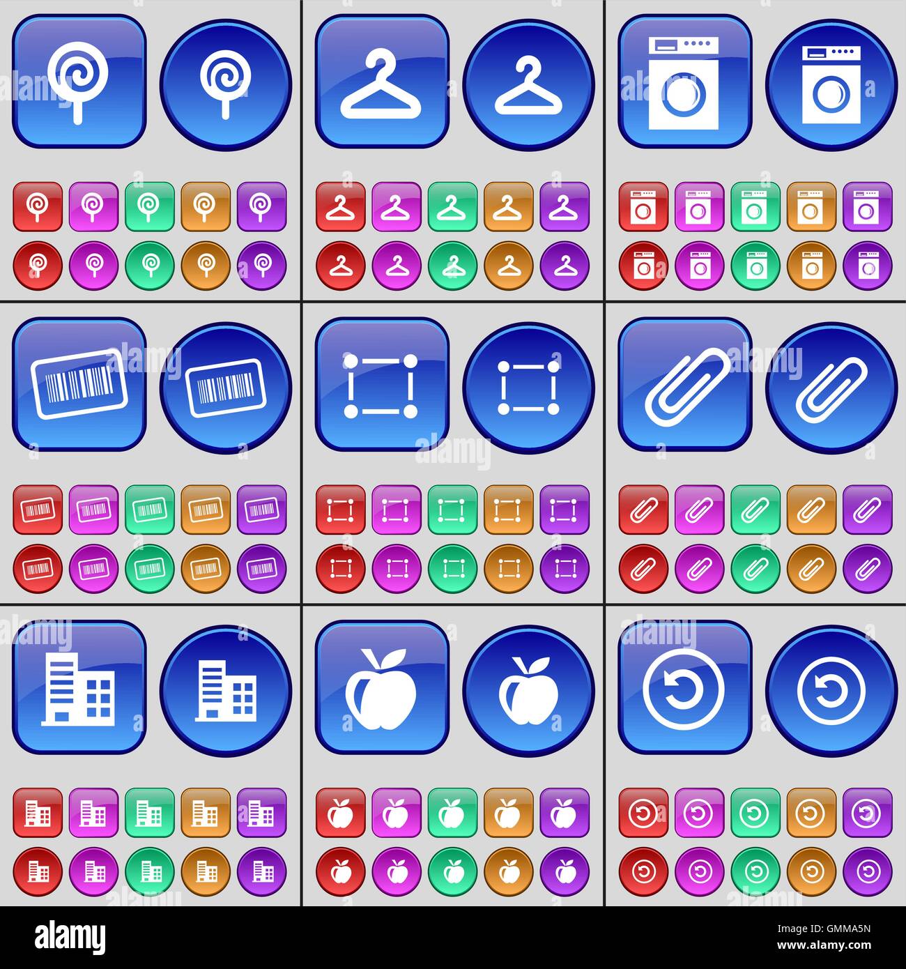 Lucette, Hanger, lave-linge, un code à barres, Frame, Clip, de la construction, de l'Apple, reload. Un grand ensemble de boutons multicolores. Vector Illustration de Vecteur
