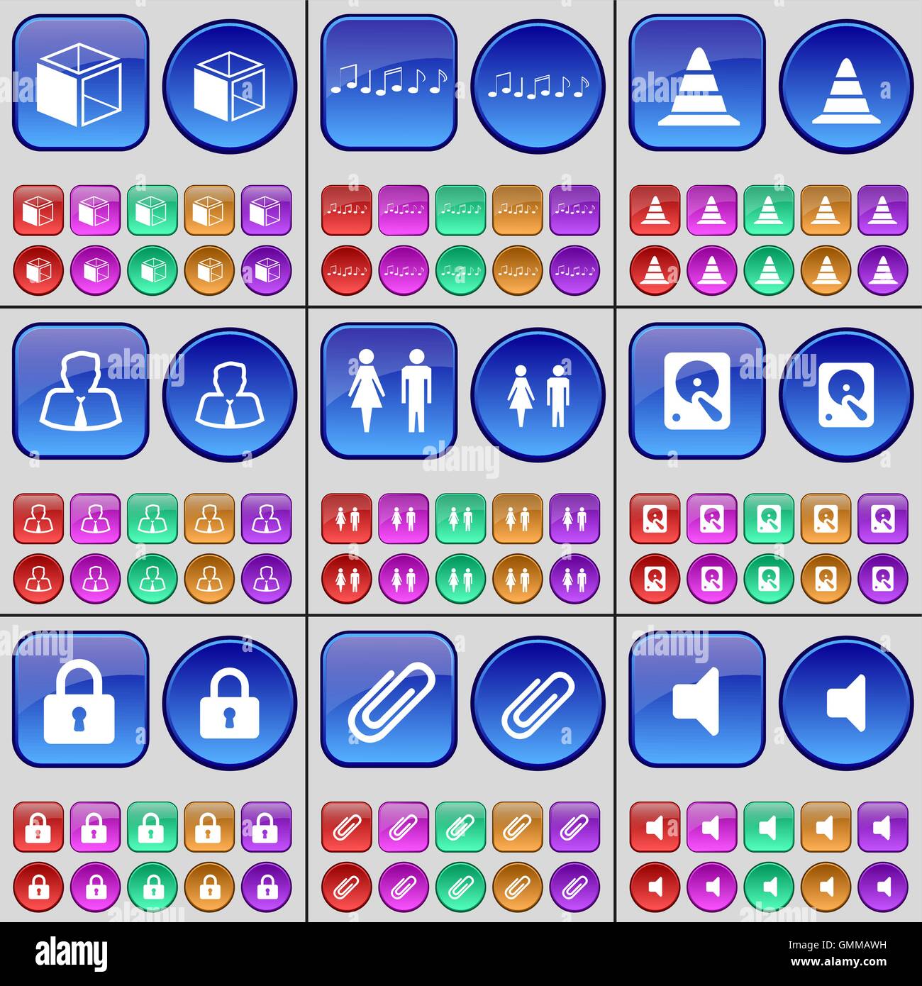 Note, Cube, cône, Avatar, disque dur, Verrouiller, clip, son. Un grand ensemble de boutons multicolores. Vector Illustration de Vecteur